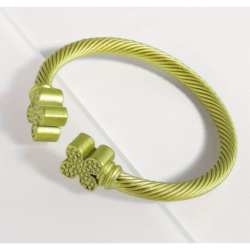 Shiny Yellow/Gold cable cuff bracelet with a flower design
